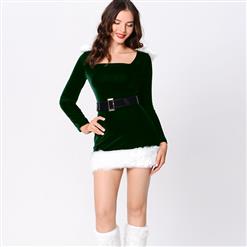 X-mas Costume, Elf Helper Costume, Hot Sale Green Velvet Dress Costume, Deluxe Elf Holiday Costume, #XT10920