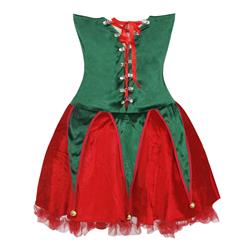 Sexy Santa Girls Red Green Overbust Sleevelees Lace-up Christmas Costume with Legs Set XT18370