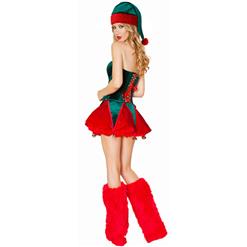 Sexy Santa Girls Red Green Overbust Sleevelees Lace-up Christmas Costume with Legs Set XT18370