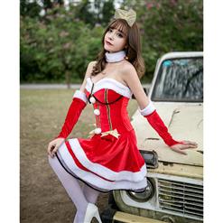 4pcs Women's Sexy Santa Girl Strapless High Waist Mini Dress Christmas Costume XT18563