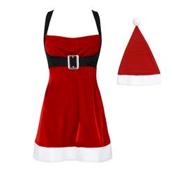 Women's Sexy Red Velvet Wide Straps Mini Dress Christmas Santa Girl Costume XT2823
