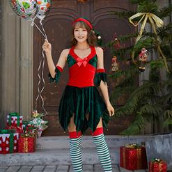 4pcs Sexy Red And Green Halter Deep V-neck Backless Leaf Cutting Christmas Costume XT9883