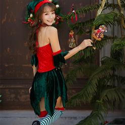 4pcs Sexy Red And Green Halter Deep V-neck Backless Leaf Cutting Christmas Costume XT9883