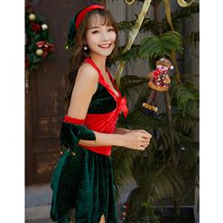 4pcs Sexy Red And Green Halter Deep V-neck Backless Leaf Cutting Christmas Costume XT9883