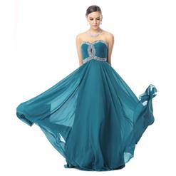 2018 Noble Blue Sweetheart Sleeveless Beading Chiffon Floor-Length Prom Dresses Y30035