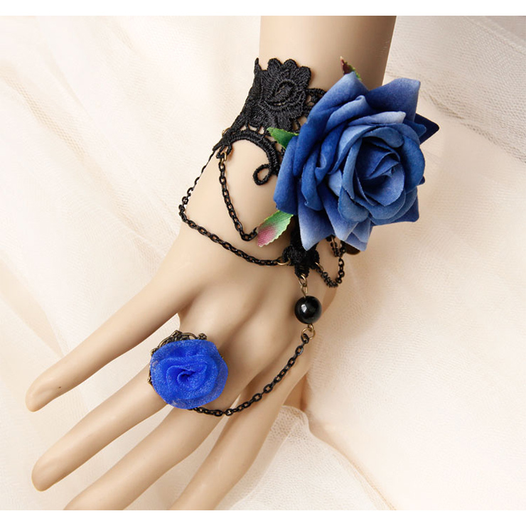 Victorian Gothic Black Floral Lace Wristband Royalblue Rose Bracelet with Ring J18118