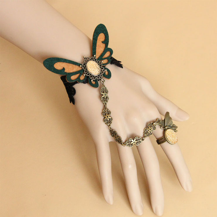 Gothic Black Lace Wristband Butterfly Champagne Gem Embellished Bracelet with Ring J18143