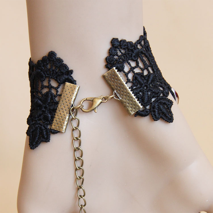 Gothic Black Lace Wristbannd Bronze Heart Red Gem Embellished Bracelet with Ring J18165