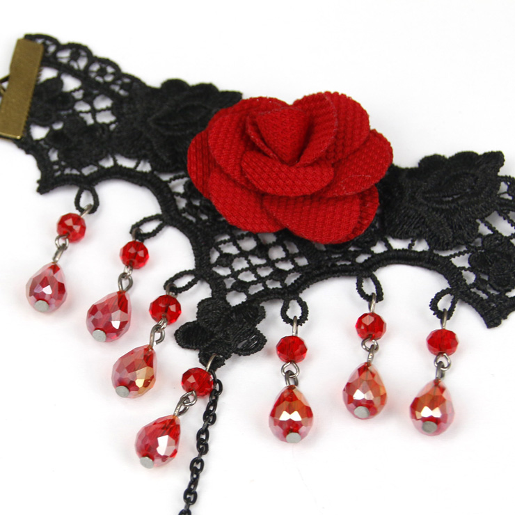 Gothic Red Rose Wristband Red Beads Embellished Bracelet with Ruby Ring J18168