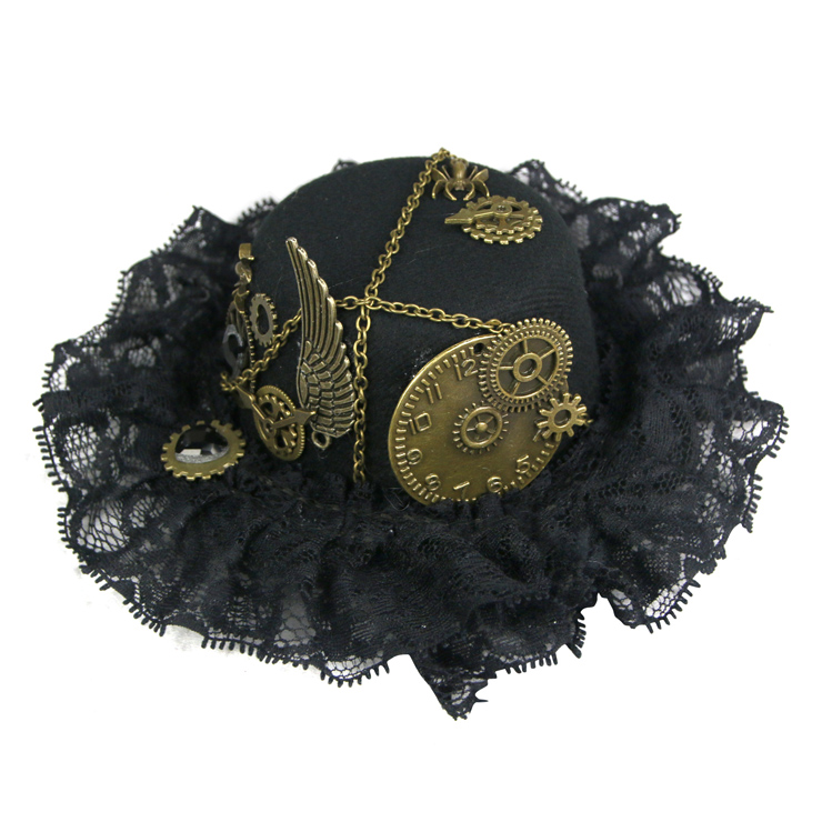 Victorian Gothic Black Lace and Bronze Gear Masquerade Costume Bowler-hat Hair Clip J19525