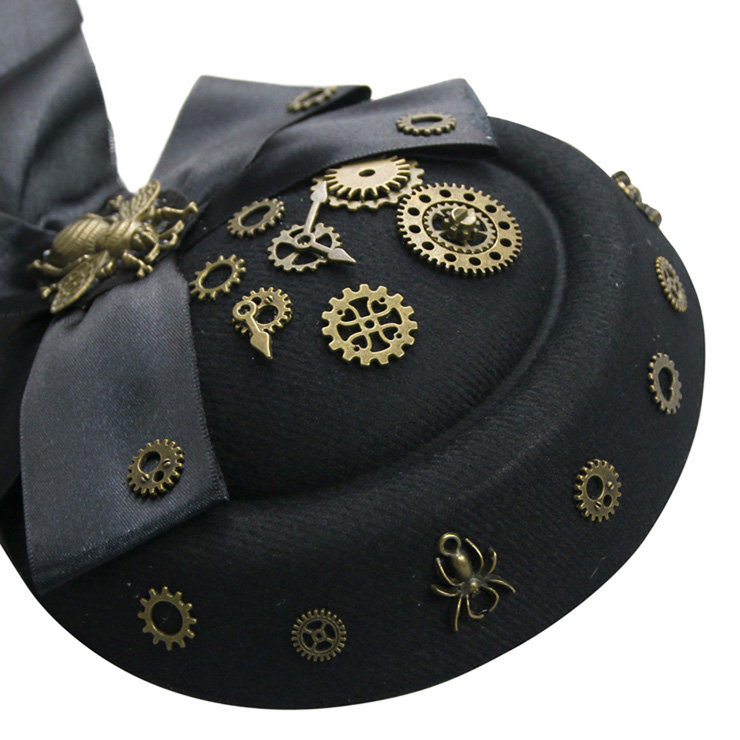 Victorian Gothic Black Lace and Bronze Gear Fascinator Masquerade Bowler-hat Hair Clip J19526