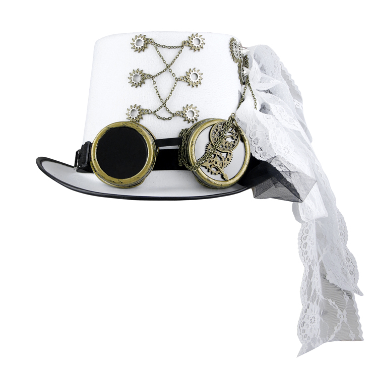 Men's White Knight Steampunk Bronze Goggles and Gears Masquerade Costume Top Hat J19541