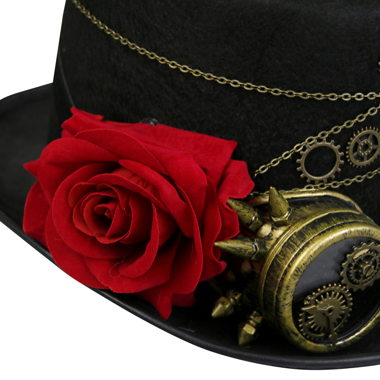 Steampunk Red Rose and Gear Goggles Masquerade Fancy Halloween Costume Top Hat J19842