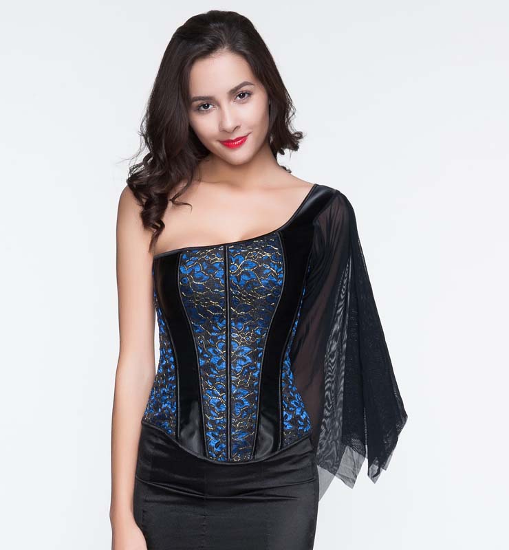Classical Black and Blue Satin One-shoulder Lace Trim Corset N10787