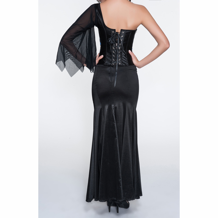Classical Black and Blue Satin One-shoulder Lace Trim Corset N10787