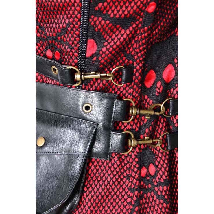 Steampunk Black and Red Steel Boned Skulls Print High Neck Corset with Jacket N10804