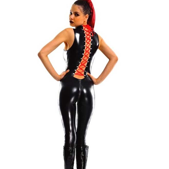 Fashion Black Wetlook Lace-up Back Catsuit N11032