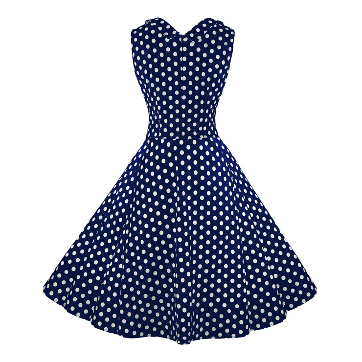Women's 1950's Vintage Blue Polka Dot Cut Out V-Neck Casual Party Cocktail Dress N11094