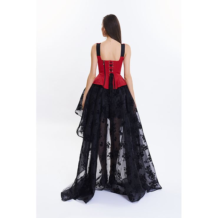 Victorian Gothic Brocade Embroidery Shoulder Strap Tank Overbust Corset Organza Skirt Set N14124