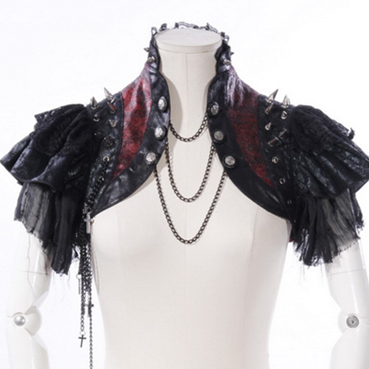 Gothic Black Leather Lace Cape Black Chain Steampunk Rivet and Cross Embellished Shrug  N14164