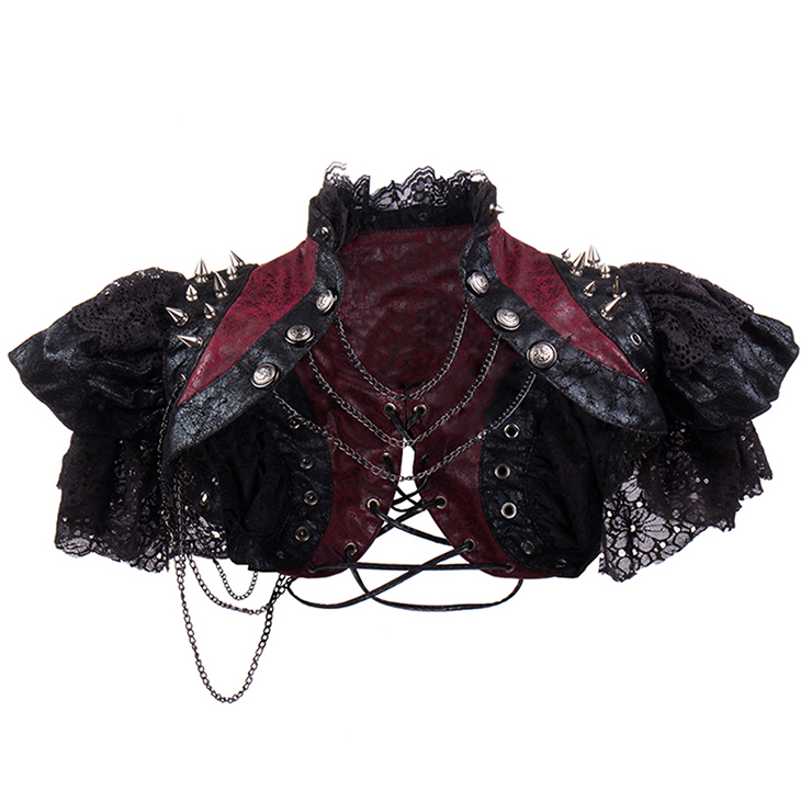 Gothic Black Leather Lace Cape Black Chain Steampunk Rivet and Cross Embellished Shrug  N14164