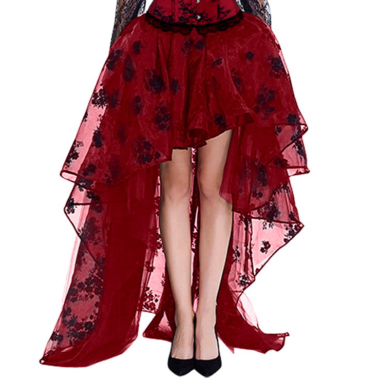 Victorian Gothic Red Elastic High-low Organza Skirt N14919