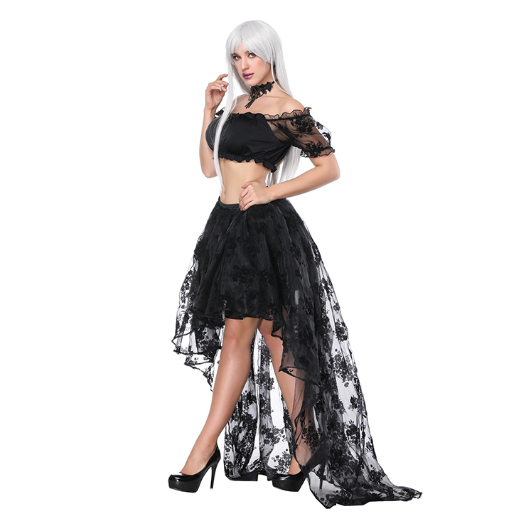 Women's Sexy Off Shoulder Ruffled Crop Top with High Waist Elastic High Low Skirt Sets N16173