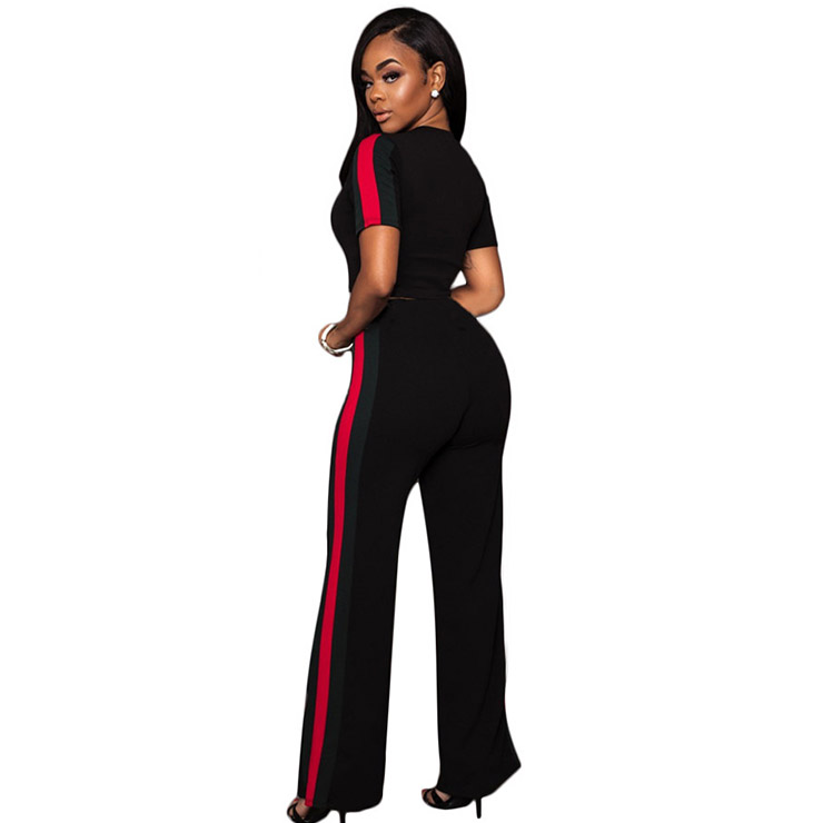 Women's Casual Black Sport Suit Short Sleeve Crop Top Wide Leg Pants Suit N16293