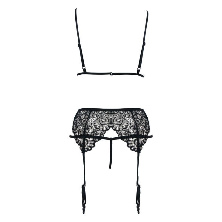 Sexy Black Floral Lace Bra Top and Panty Bikini Lingerie Set with Garters N16430