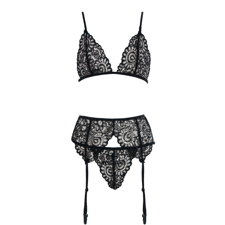 Sexy Black Floral Lace Bra Top and Panty Bikini Lingerie Set with Garters N16430