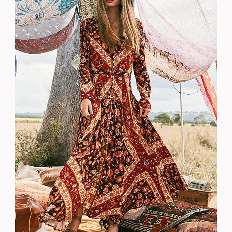 vintage boho maxi dress long sleeve