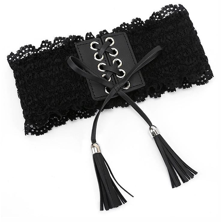 Fashion Black Faux Leather Floral Lace Lace-up Elastic Wide Waist Belt N16944