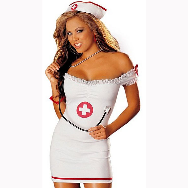 Sexy Off Shoulder Nurse Bodycon Dress Adult Role Play Costume N17438