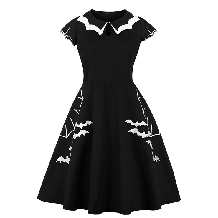 Fashion Vintage Bat-Shaped Neckline Short Sleeve Bat Style Embroidery High Waist A-Line Swing Dress N17746