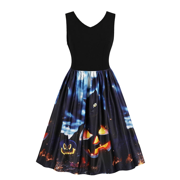 vintage print a line high waisted dress