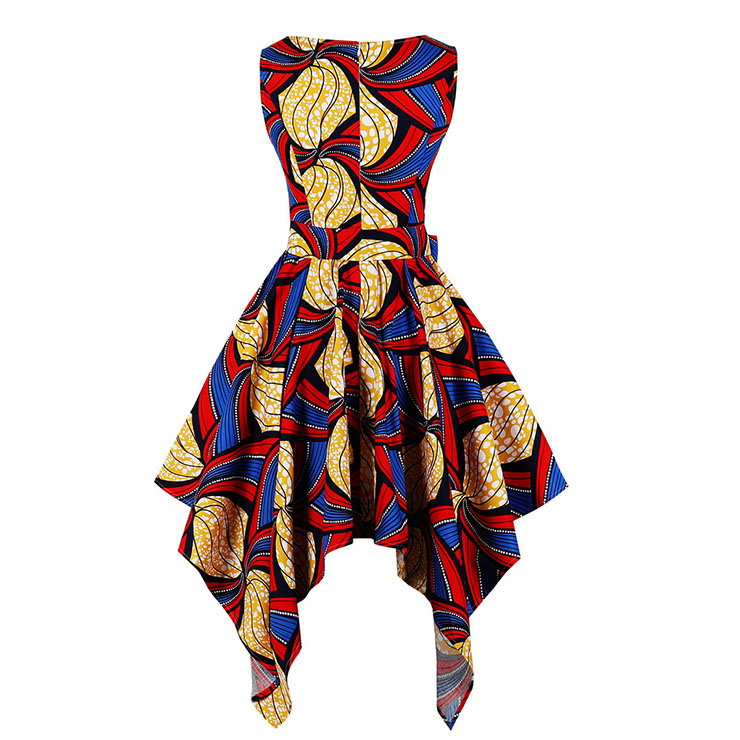 Fashion Round Neck Sleeveless Halloween Themed Abstract Print Asymmetrical Dress N17752