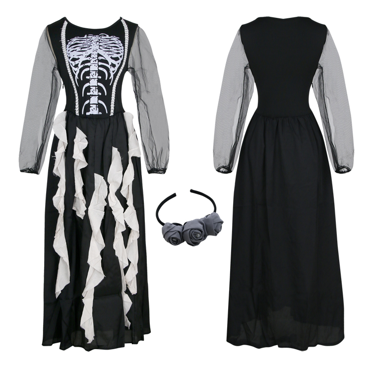 Adult Bones Printed Ghost Bride Dress Vampire Halloween Costume N18144