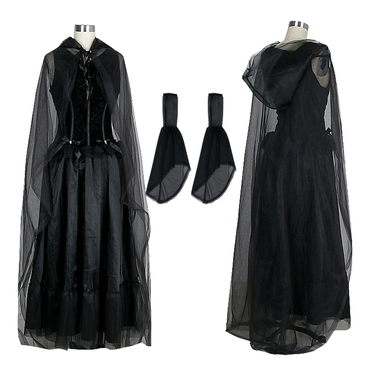 Gothic Black Ghost Bride Dress Adult Vampire Cloak and Dress Halloween Costume N18201