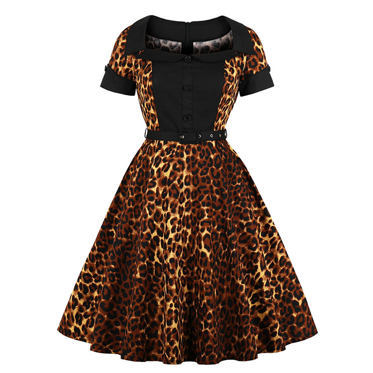 Sexy Leopard Print Turn Down Collar Short Sleeves High Waist Midi Swing Dress with Belt N18341