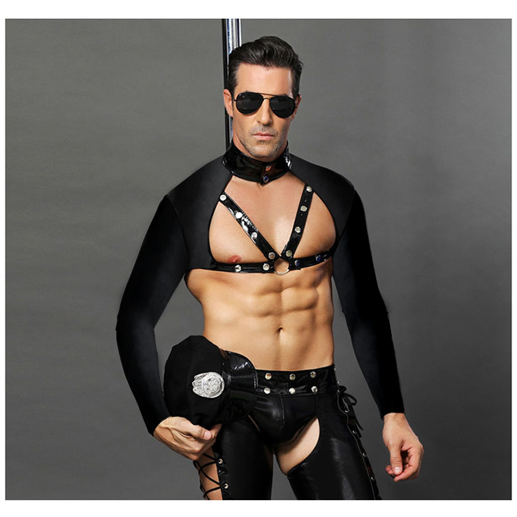 Men's Sexy Flirting Black Police Uniform Temptation Passion Cosplay Club PU Costume N18348