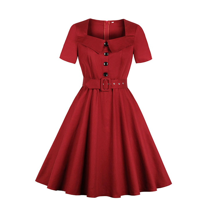 Vintage Wine Red Square Neckline Short Sleeves High Waist Midi Swing Dress with Belt N18491