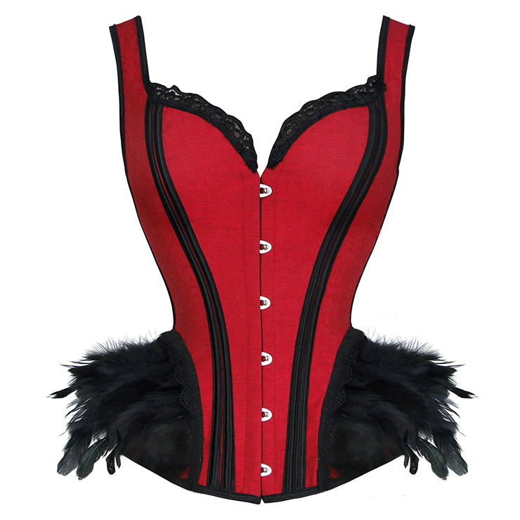 Victorian Gothic Red Feather Jacquard Wide Straps Boned Body Shaper Overbust Corset N19608