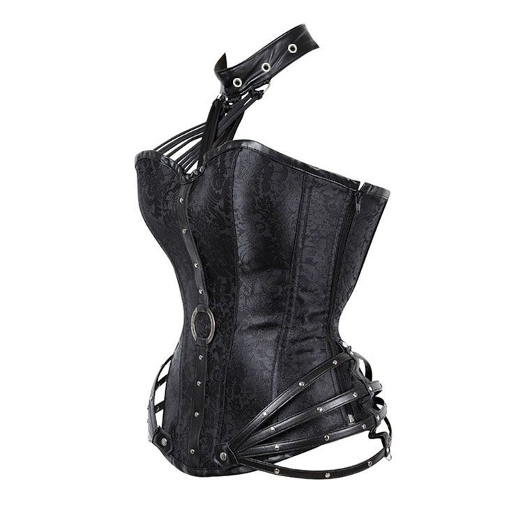 Steampunk Gothic Black Halterneck Strapless Steel Boned Rivet Outerwear Corset N20888
