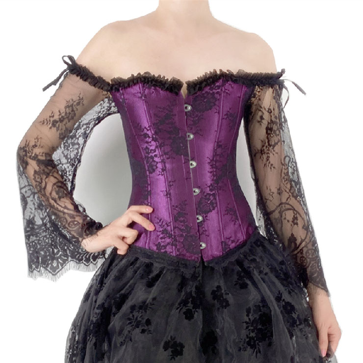 Victorian Gothic Plastic Boned Floral Lace Overbust Corset with Organza High Low Skirt Sets N21841