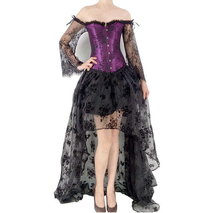 Victorian Gothic Plastic Boned Floral Lace Overbust Corset with Organza High Low Skirt Sets N21841