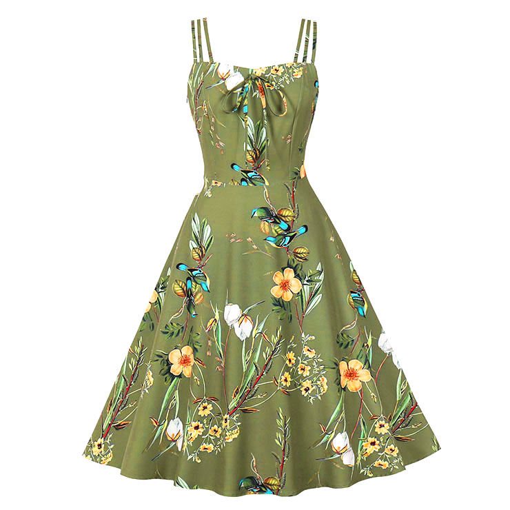 Vintage Floral Print Sweetheart Bodice Strappy High Waist Summer Tea Party Swing Dress N22203