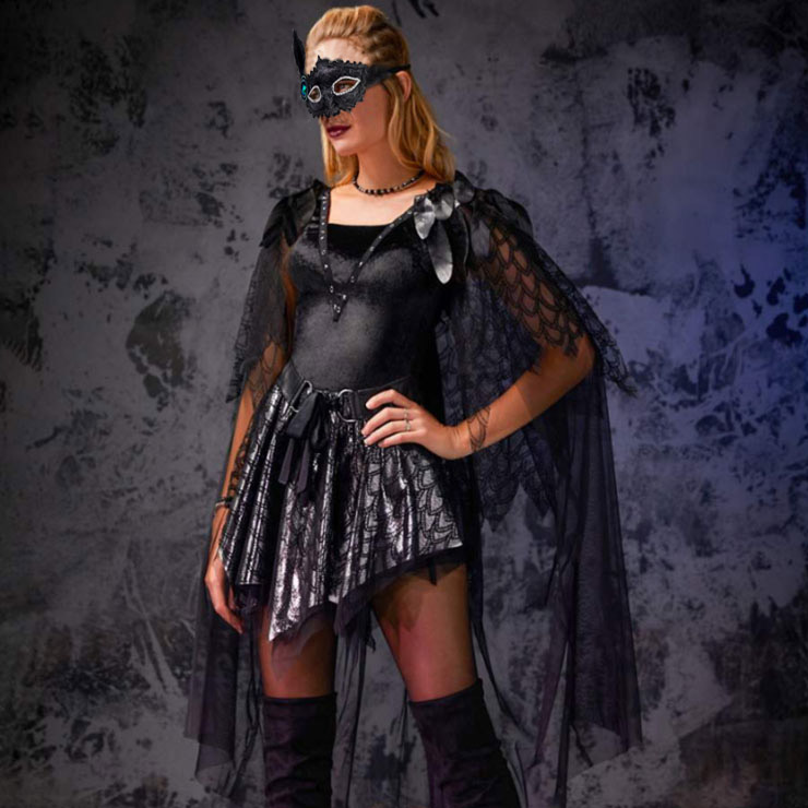 Adult Black Mesh PU Dress Role Play Halloween Party Costume N22590