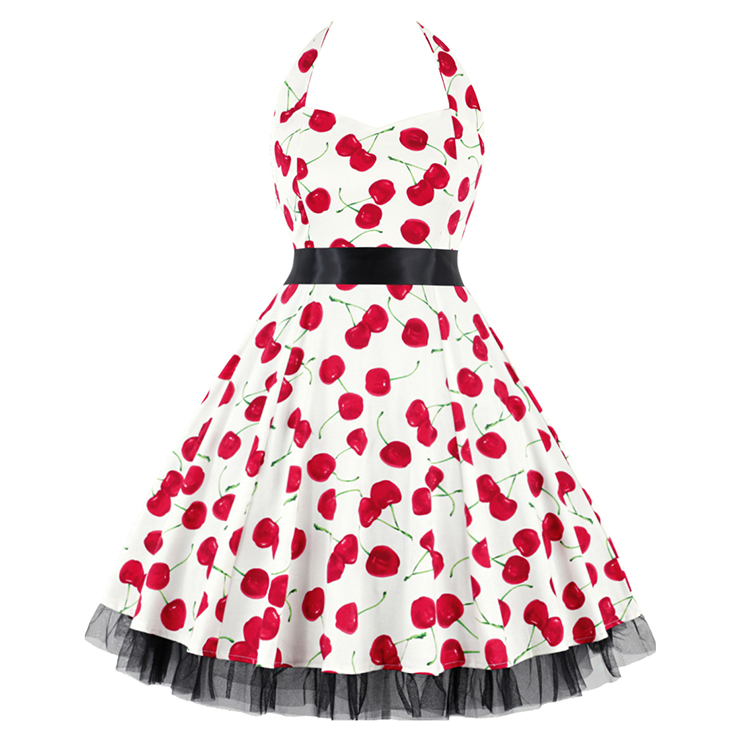 Vintage Sweetheart Neckline Halter Backless Cherry Print Casual Swing Knee-length Dress N14853