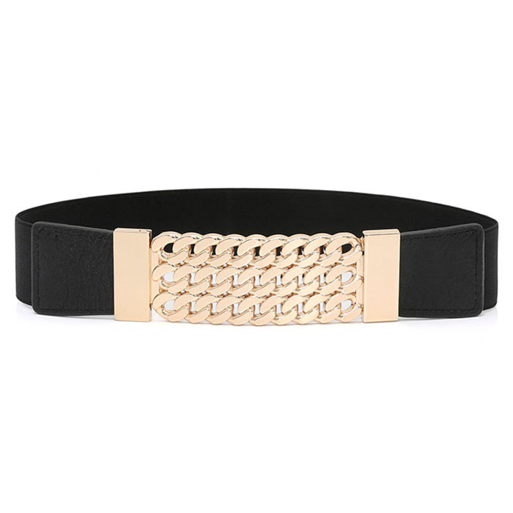 Women's Fashion Black Faux Leather Hollow Out Metal Elastic Waist Belt N16939