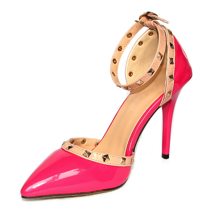 Noble Elegant Hot-Pink Rivets Ankle Wrap Pointed Toe High Heels SWS20330